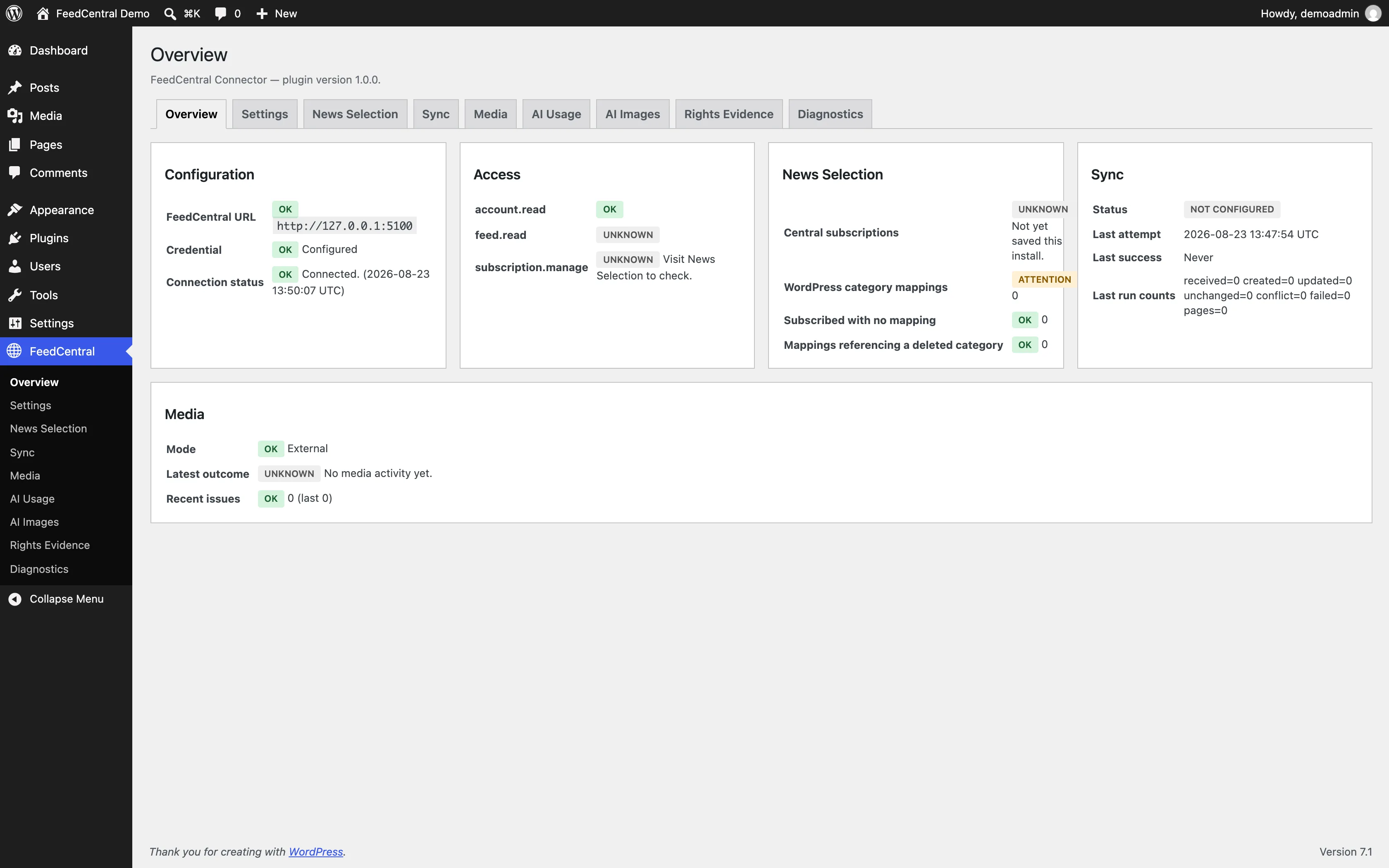 FeedCentral Connector plugin Overview screen in the WordPress admin, showing a connected FeedCentral account and sync status